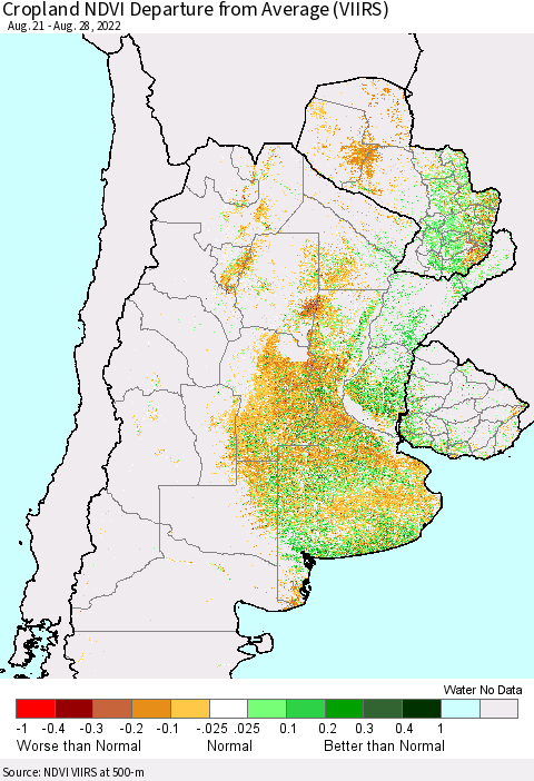 Southern South America Cropland NDVI Departure from Average (VIIRS) Thematic Map For 8/21/2022 - 8/28/2022