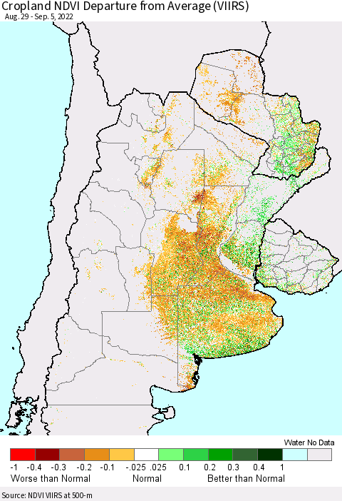 Southern South America Cropland NDVI Departure from Average (VIIRS) Thematic Map For 8/29/2022 - 9/5/2022