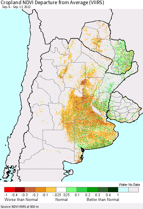 Southern South America Cropland NDVI Departure from Average (VIIRS) Thematic Map For 9/6/2022 - 9/13/2022