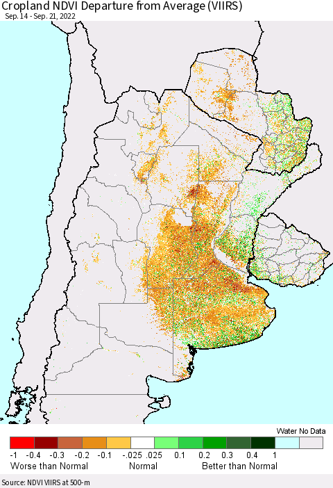 Southern South America Cropland NDVI Departure from Average (VIIRS) Thematic Map For 9/14/2022 - 9/21/2022