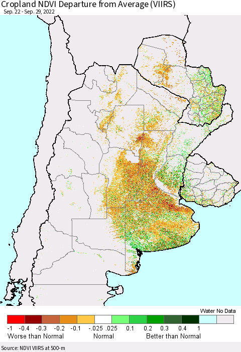 Southern South America Cropland NDVI Departure from Average (VIIRS) Thematic Map For 9/22/2022 - 9/29/2022