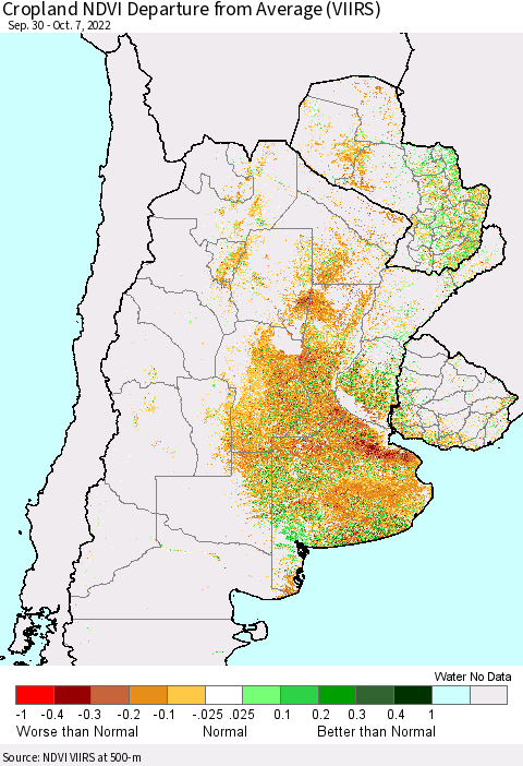 Southern South America Cropland NDVI Departure from Average (VIIRS) Thematic Map For 9/30/2022 - 10/7/2022