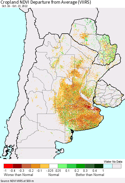 Southern South America Cropland NDVI Departure from Average (VIIRS) Thematic Map For 10/16/2022 - 10/23/2022