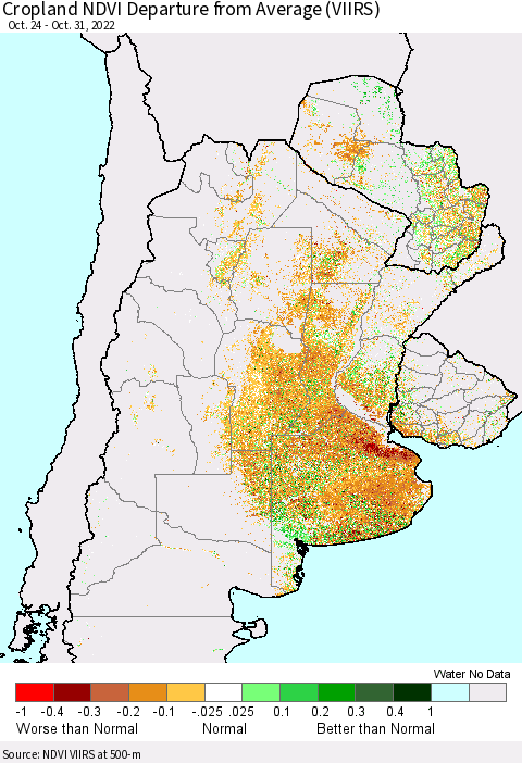 Southern South America Cropland NDVI Departure from Average (VIIRS) Thematic Map For 10/24/2022 - 10/31/2022