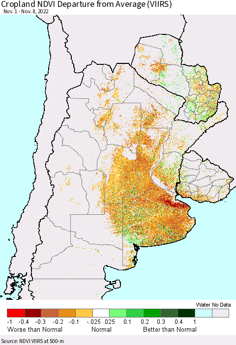 Southern South America Cropland NDVI Departure from Average (VIIRS) Thematic Map For 11/1/2022 - 11/8/2022