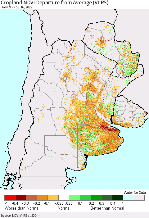 Southern South America Cropland NDVI Departure from Average (VIIRS) Thematic Map For 11/9/2022 - 11/16/2022