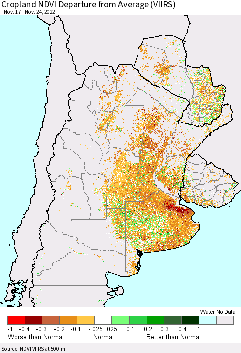 Southern South America Cropland NDVI Departure from Average (VIIRS) Thematic Map For 11/17/2022 - 11/24/2022