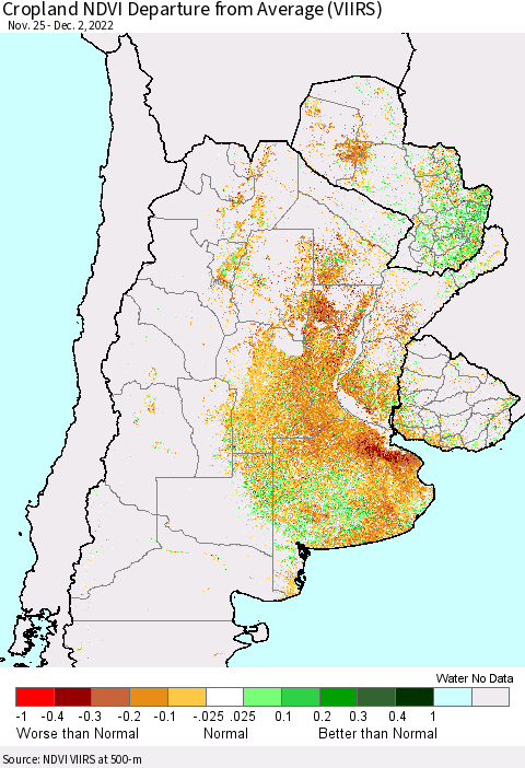 Southern South America Cropland NDVI Departure from Average (VIIRS) Thematic Map For 11/25/2022 - 12/2/2022