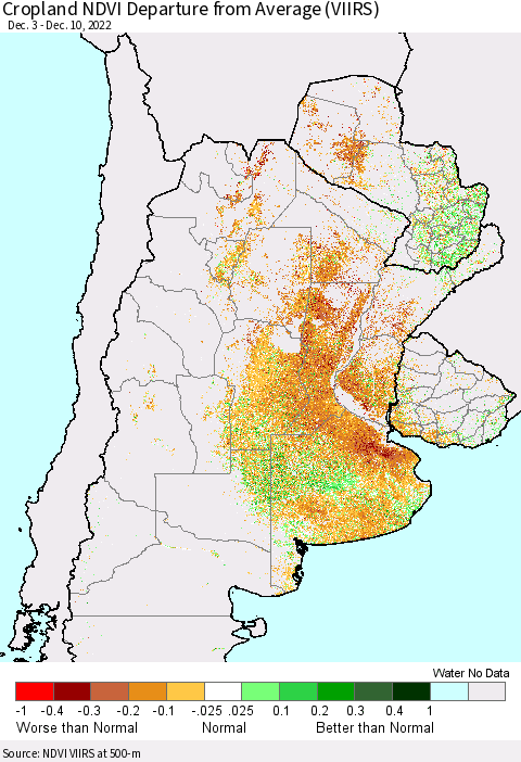 Southern South America Cropland NDVI Departure from Average (VIIRS) Thematic Map For 12/3/2022 - 12/10/2022
