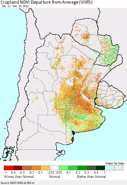 Southern South America Cropland NDVI Departure from Average (VIIRS) Thematic Map For 12/11/2022 - 12/18/2022