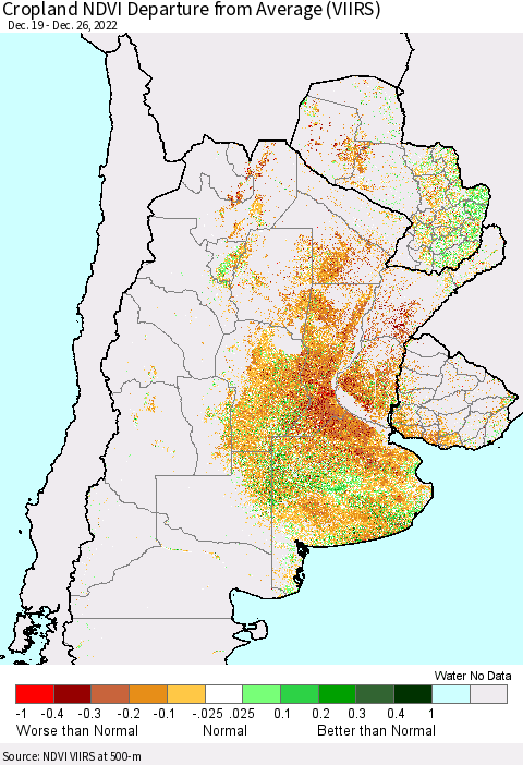 Southern South America Cropland NDVI Departure from Average (VIIRS) Thematic Map For 12/19/2022 - 12/26/2022