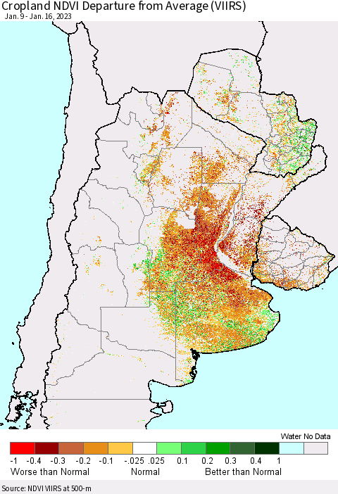 Southern South America Cropland NDVI Departure from Average (VIIRS) Thematic Map For 1/9/2023 - 1/16/2023