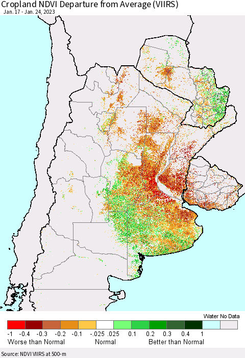 Southern South America Cropland NDVI Departure from Average (VIIRS) Thematic Map For 1/17/2023 - 1/24/2023