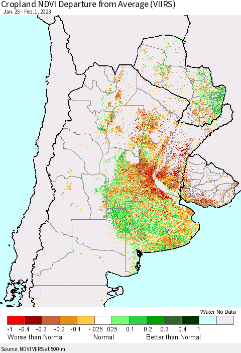 Southern South America Cropland NDVI Departure from Average (VIIRS) Thematic Map For 1/25/2023 - 2/1/2023