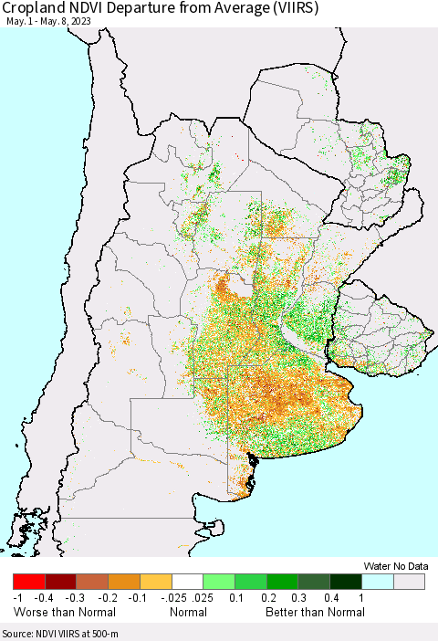 Southern South America Cropland NDVI Departure from Average (VIIRS) Thematic Map For 5/1/2023 - 5/8/2023