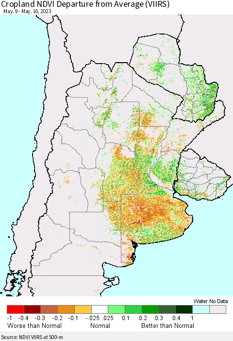 Southern South America Cropland NDVI Departure from Average (VIIRS) Thematic Map For 5/9/2023 - 5/16/2023