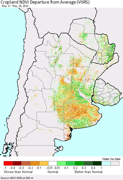 Southern South America Cropland NDVI Departure from Average (VIIRS) Thematic Map For 5/17/2023 - 5/24/2023