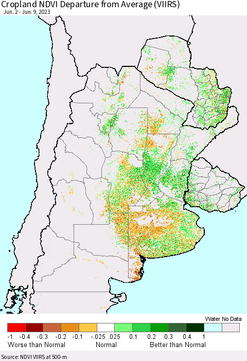 Southern South America Cropland NDVI Departure from Average (VIIRS) Thematic Map For 6/2/2023 - 6/9/2023