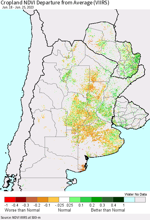 Southern South America Cropland NDVI Departure from Average (VIIRS) Thematic Map For 6/18/2023 - 6/25/2023