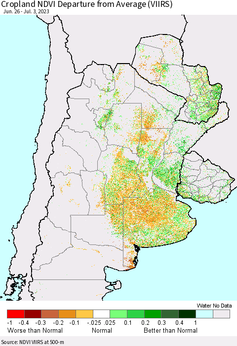 Southern South America Cropland NDVI Departure from Average (VIIRS) Thematic Map For 6/26/2023 - 7/3/2023