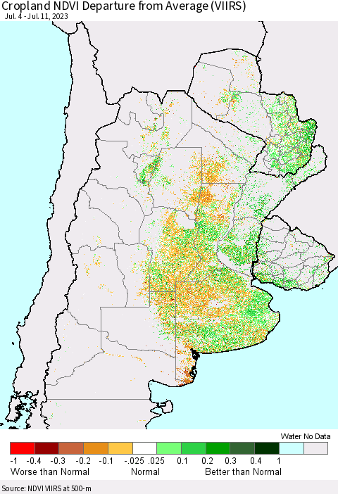 Southern South America Cropland NDVI Departure from Average (VIIRS) Thematic Map For 7/4/2023 - 7/11/2023
