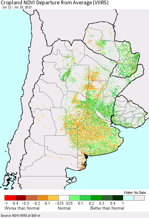Southern South America Cropland NDVI Departure from Average (VIIRS) Thematic Map For 7/12/2023 - 7/19/2023