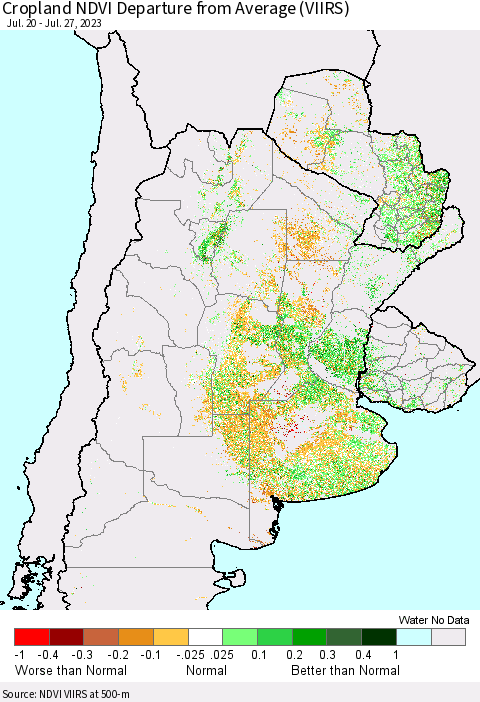 Southern South America Cropland NDVI Departure from Average (VIIRS) Thematic Map For 7/20/2023 - 7/27/2023