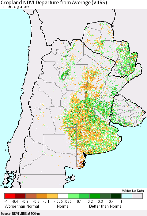 Southern South America Cropland NDVI Departure from Average (VIIRS) Thematic Map For 7/28/2023 - 8/4/2023
