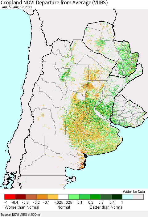 Southern South America Cropland NDVI Departure from Average (VIIRS) Thematic Map For 8/5/2023 - 8/12/2023