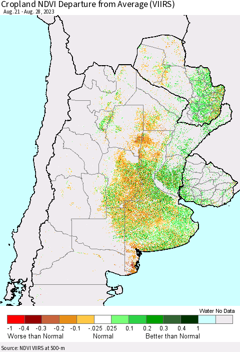 Southern South America Cropland NDVI Departure from Average (VIIRS) Thematic Map For 8/21/2023 - 8/28/2023