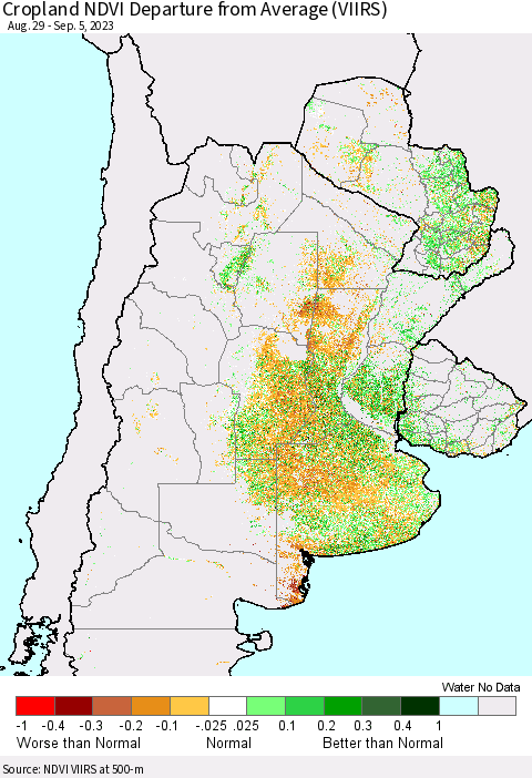 Southern South America Cropland NDVI Departure from Average (VIIRS) Thematic Map For 8/29/2023 - 9/5/2023