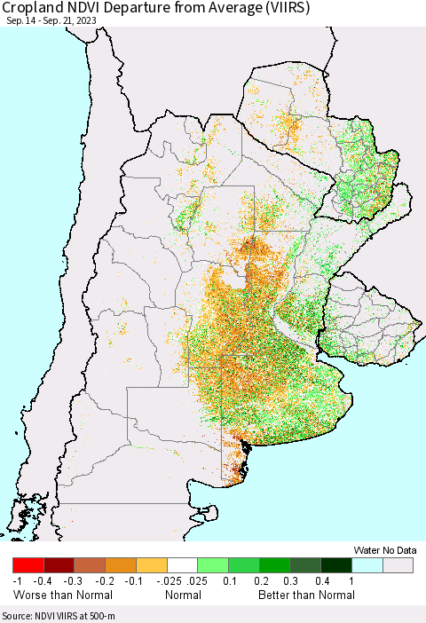 Southern South America Cropland NDVI Departure from Average (VIIRS) Thematic Map For 9/14/2023 - 9/21/2023