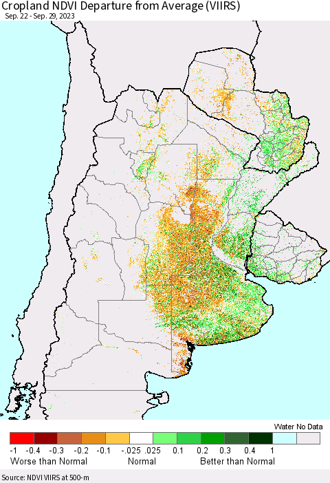 Southern South America Cropland NDVI Departure from Average (VIIRS) Thematic Map For 9/22/2023 - 9/29/2023