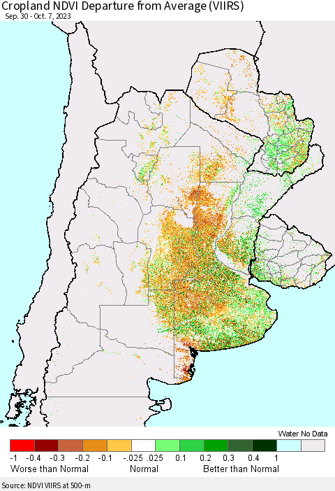Southern South America Cropland NDVI Departure from Average (VIIRS) Thematic Map For 9/30/2023 - 10/7/2023