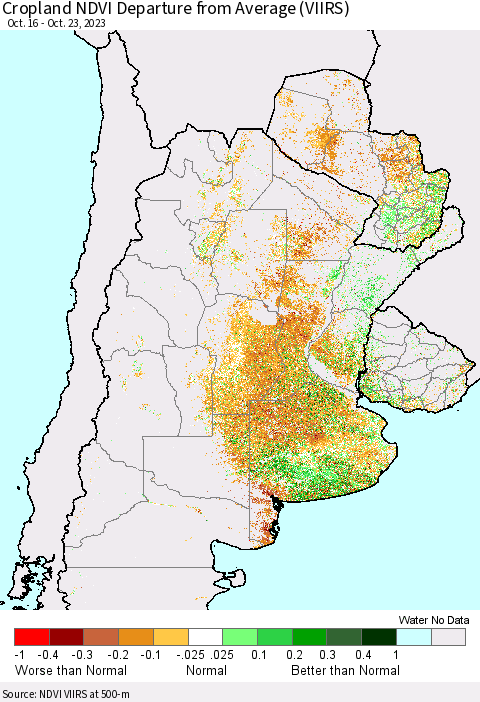 Southern South America Cropland NDVI Departure from Average (VIIRS) Thematic Map For 10/16/2023 - 10/23/2023