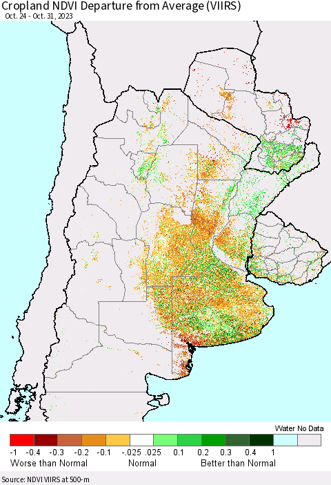 Southern South America Cropland NDVI Departure from Average (VIIRS) Thematic Map For 10/24/2023 - 10/31/2023