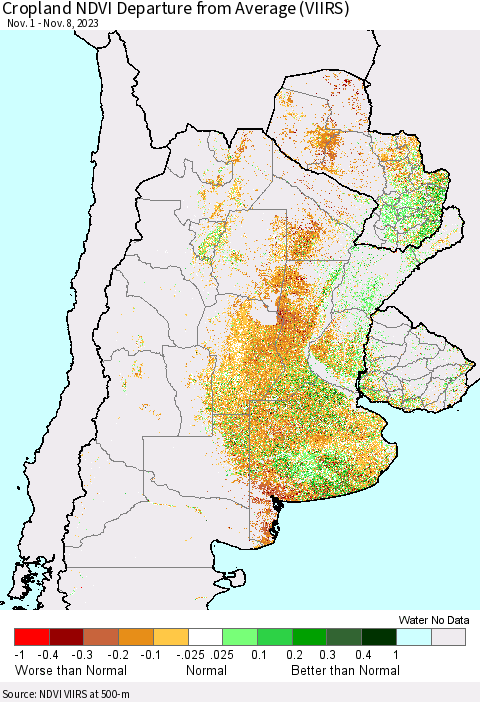 Southern South America Cropland NDVI Departure from Average (VIIRS) Thematic Map For 11/1/2023 - 11/8/2023