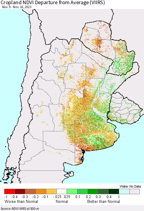 Southern South America Cropland NDVI Departure from Average (VIIRS) Thematic Map For 11/9/2023 - 11/16/2023
