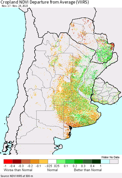 Southern South America Cropland NDVI Departure from Average (VIIRS) Thematic Map For 11/17/2023 - 11/24/2023