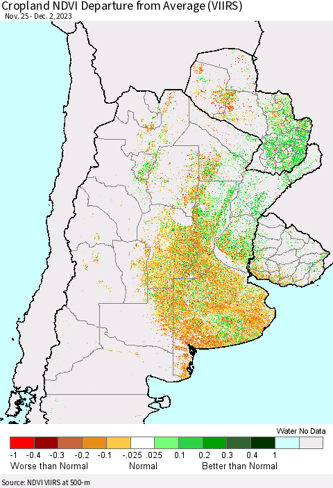 Southern South America Cropland NDVI Departure from Average (VIIRS) Thematic Map For 11/25/2023 - 12/2/2023