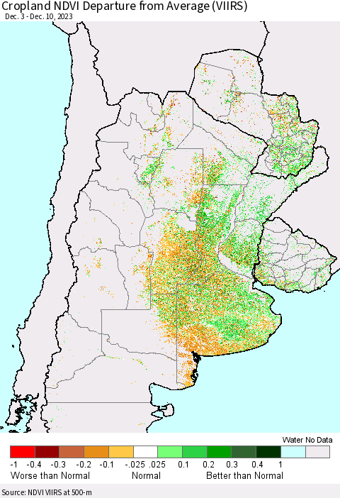Southern South America Cropland NDVI Departure from Average (VIIRS) Thematic Map For 12/3/2023 - 12/10/2023