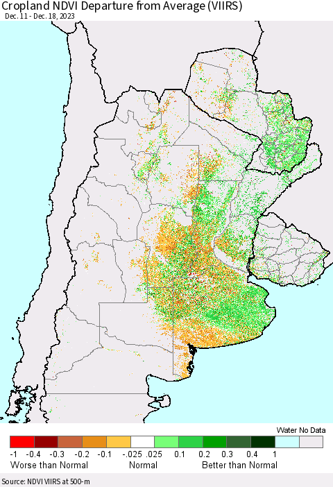Southern South America Cropland NDVI Departure from Average (VIIRS) Thematic Map For 12/11/2023 - 12/18/2023