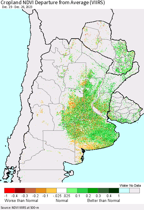Southern South America Cropland NDVI Departure from Average (VIIRS) Thematic Map For 12/19/2023 - 12/26/2023