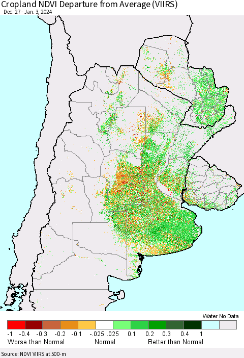 Southern South America Cropland NDVI Departure from Average (VIIRS) Thematic Map For 12/27/2023 - 1/3/2024
