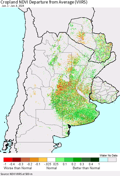 Southern South America Cropland NDVI Departure from Average (VIIRS) Thematic Map For 1/1/2024 - 1/8/2024