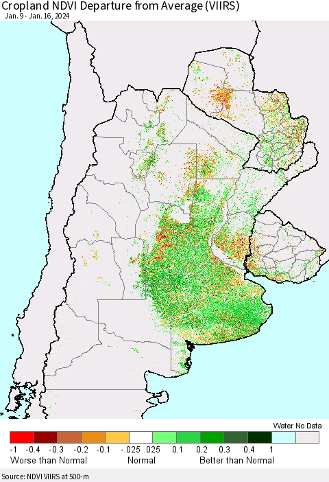 Southern South America Cropland NDVI Departure from Average (VIIRS) Thematic Map For 1/9/2024 - 1/16/2024