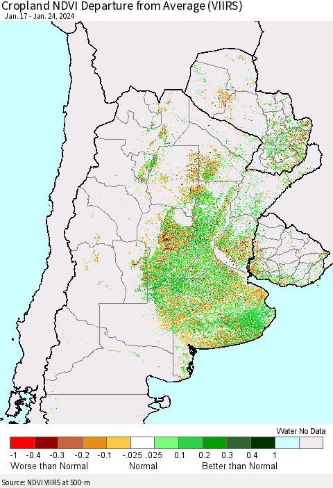 Southern South America Cropland NDVI Departure from Average (VIIRS) Thematic Map For 1/17/2024 - 1/24/2024