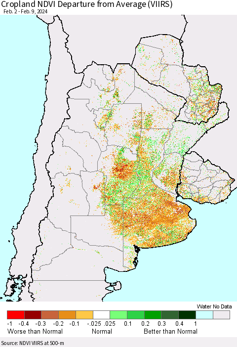 Southern South America Cropland NDVI Departure from Average (VIIRS) Thematic Map For 2/2/2024 - 2/9/2024