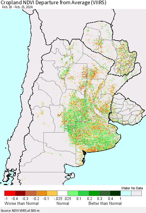 Southern South America Cropland NDVI Departure from Average (VIIRS) Thematic Map For 2/18/2024 - 2/25/2024