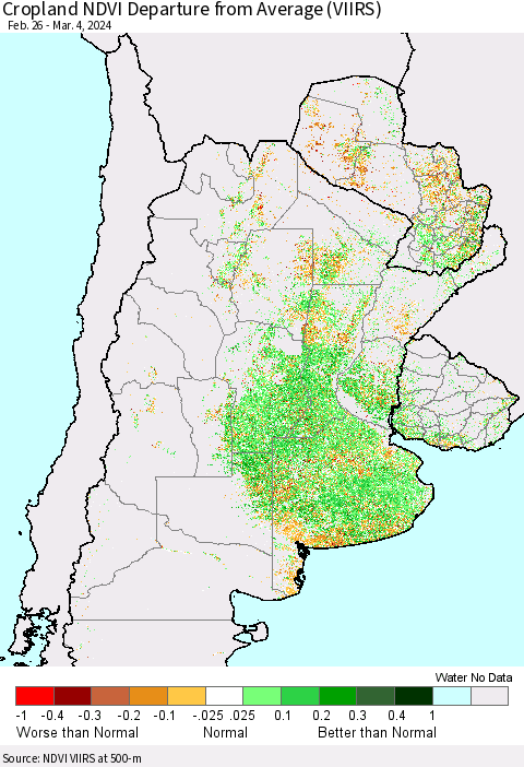 Southern South America Cropland NDVI Departure from Average (VIIRS) Thematic Map For 2/26/2024 - 3/4/2024